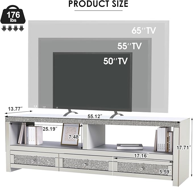 COSVALVE Silver Mirrored TV Stand for TVs Up to 65 Inches, LED TV Stand Modern Entertainment Center with Drawers & Open Storage, TV Console Table for Living Room, Game Room (Fully Assembly)