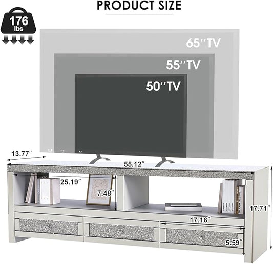 COSVALVE Silver Mirrored TV Stand for TVs Up to 65 Inches, LED TV Stand Modern Entertainment Center with Drawers & Open Storage, TV Console Table for Living Room, Game Room (Fully Assembly)
