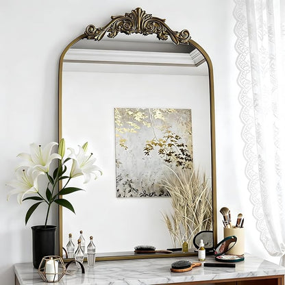Dewfig Antique Arched Wall Mirror, 24"x36" Vintage Bronze Bathroom Mirror - Baroque Metal Frame Brass Mirror for Living Room, Bathroom, Fireplace, Entryway, Bronze