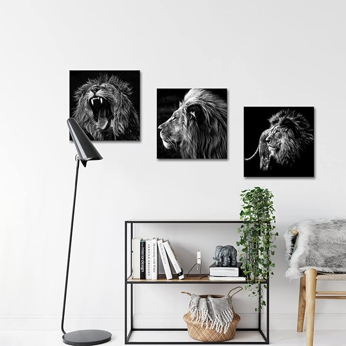 KREATIVE ARTS - 3 Panels Lion King Black and White Canvas Prints Wall Art Modern Painting Wall Pictures for Living Room Office Decoration Ready to Hang (12x12inchx3pcs/set)
