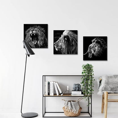KREATIVE ARTS - 3 Panels Lion King Black and White Canvas Prints Wall Art Modern Painting Wall Pictures for Living Room Office Decoration Ready to Hang (12x12inchx3pcs/set)