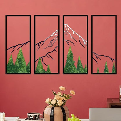 ruelen 4 Pcs Metal Mountain Forest Snow Mountain Wall Decorations，Abstract Minimalist Line Drawing Colorful Mountains Wall Art Home Decor for Living Room Bathroom Bedroom Office（Green，Small）