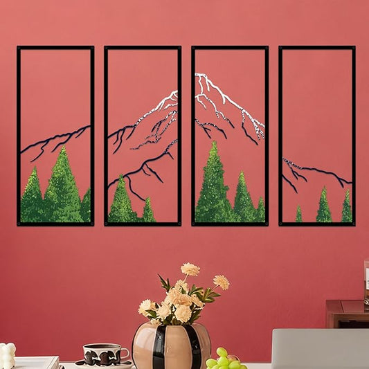 ruelen 4 Pcs Metal Mountain Forest Snow Mountain Wall Decorations，Abstract Minimalist Line Drawing Colorful Mountains Wall Art Home Decor for Living Room Bathroom Bedroom Office（Green，Small）