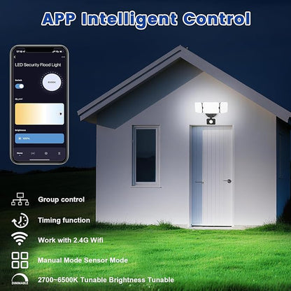 EMANER Smart Security Light Motion Sensor, Compatible with Alexa/Google Home, 2800LM Warm White to Daylight White Brightness Adjust, App Controlled WiFi Flood Light (Black, 2-Pack)