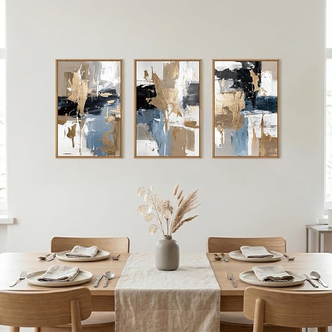 KAIRNE Blue and Gold Abstract Framed Canvas Wall Art Set,Minimalist Brush Strokes Wall Decor,Modern Textured Art Prints,Neutral Brown Black Artwork for Living Room,Bedroom,Farmhouse,Office-16 x24 x3