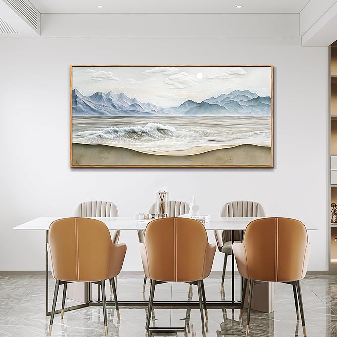 Wapluam Large Framed Canavs Wall Art,Ocean Wall Decor Living Room,Beach Pictures Wall Art,Nature Rustic Coastal Landscape Mountain Painting, Above Bed Wall Art, Sea Waves Artwork for Bedroom Bathroom