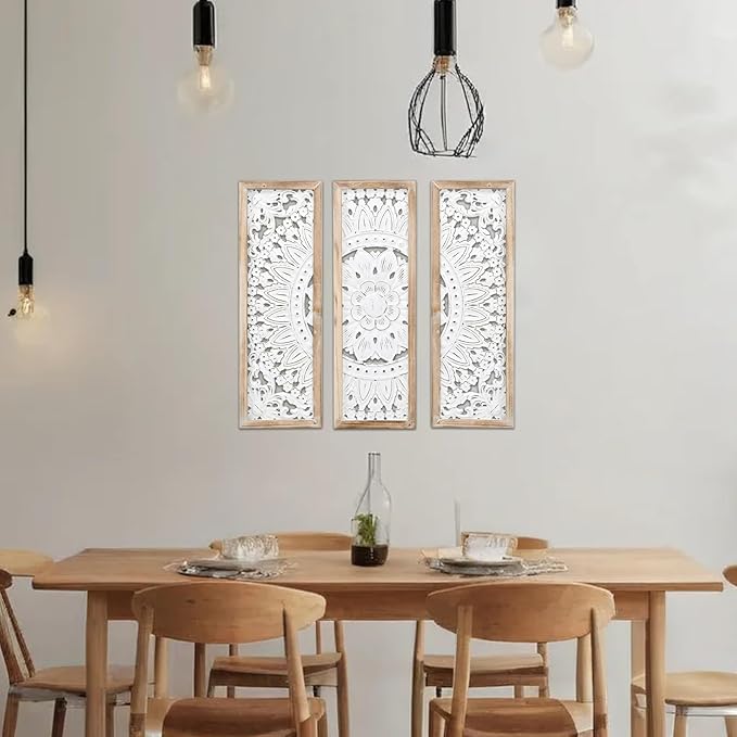 SwallowLiving 3D Layered Mandala Wood Wall Art Set of 3 – 23.6" Large Sacred Geometry Floral Sculptures, Intricately Carved Wood Panels for Meditation Room, Yoga Studio & Boho Decor, Distressed White
