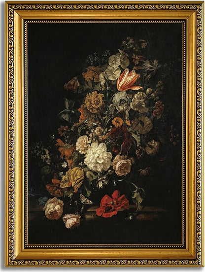 YD&YZY Gold Framed Vintage Wall Art Canvas Moody Flower Wall Decor Still Life Retro Dark Floral Aesthetic Art Painting Picture Print Artwork for Living Room Bedroom Home Decor 12x16 inch Framed