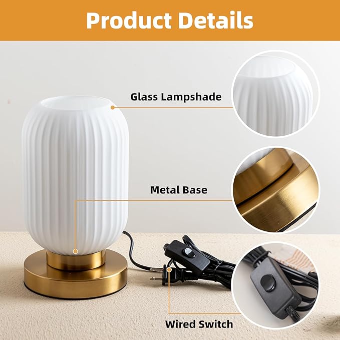 Bedside Table Lamp with Glass Shade, Small Nightlight Lamp Elegant Milky White Glass Nightstand Lamp Modern Desk Lamp with Plug-in Style for Bedroom Living Room Tabletop Dia5.9 x H9.8