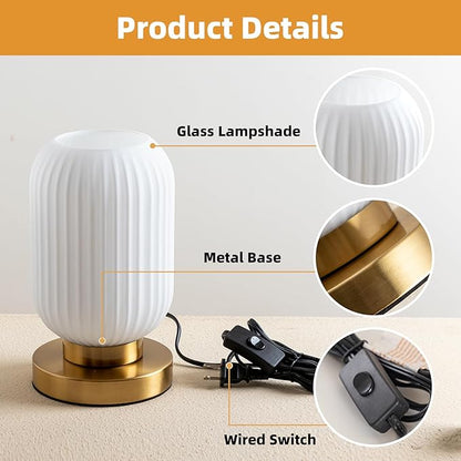 Bedside Table Lamp with Glass Shade, Small Nightlight Lamp Elegant Milky White Glass Nightstand Lamp Modern Desk Lamp with Plug-in Style for Bedroom Living Room Tabletop Dia5.9 x H9.8