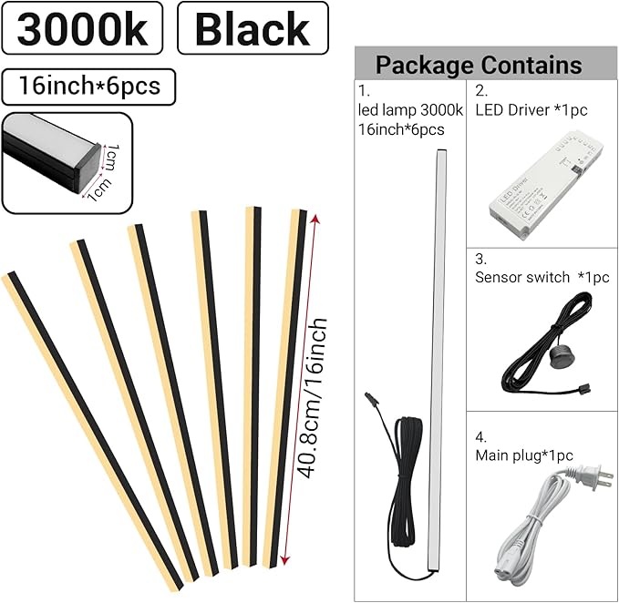 HAMRVL Black Wall Panel Lights, 6PCS 16-Inch 3000K Warm White Wall LED Lights Strip with Touch Switch, Self-Adhesive Dimmable Slat Wall Lights for Wood Slat, Bedroom Fluted Panel, Kitchen Cabinet