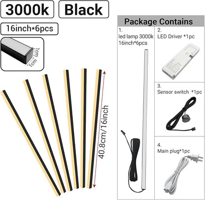 HAMRVL Black Wall Panel Lights, 6PCS 16-Inch 3000K Warm White Wall LED Lights Strip with Touch Switch, Self-Adhesive Dimmable Slat Wall Lights for Wood Slat, Bedroom Fluted Panel, Kitchen Cabinet