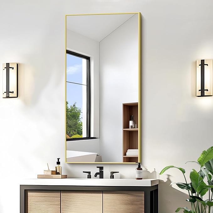 KOCUUY Gold Bathroom Mirror, 20"x40" Rectangle Bathroom Mirror for Wall, HD Tempered Glass, Anti-Rust Frame, Modern Design for Bathroom, Bedroom, Living Room, Entryway