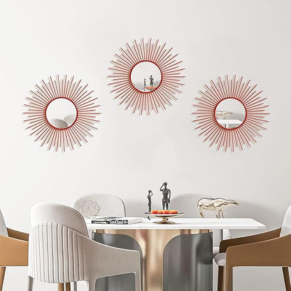 3 Pack Metal Mirrors for Wall Sunburst Wall Mirrors Home Décor Decorative Hanging Wall Art for Living Room Bedroom Entryway (Red, Sunburst)