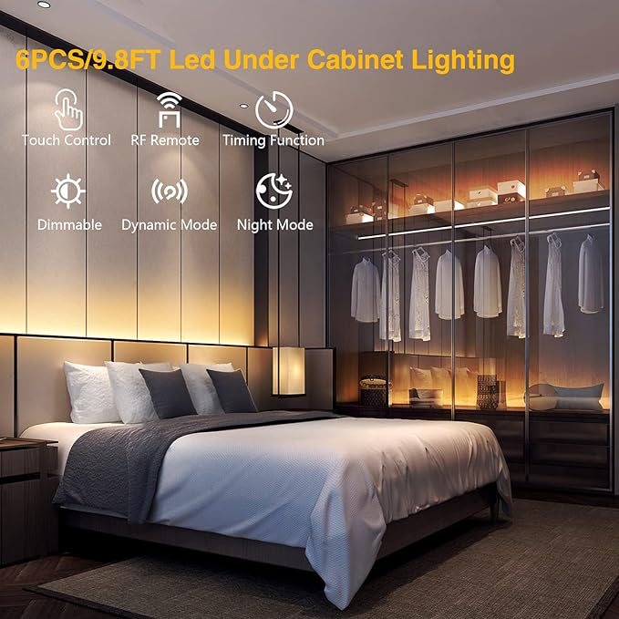 DAYBETTER Under Cabinet Lighting Kit, 6 PCS 20 Inch Under Cabinet Lights, 2700K-6500K Tunable White LED Strip Lights with Remote, 12V Adapter, LED Lights for Kitchen Cabinets, Shelf, Counter, 9.8ft