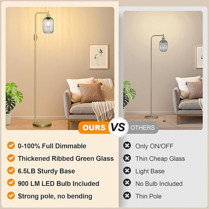 【Upgraded】 Dimmable Glass Floor Lamp for Living Room, Modern Gold Standing Lamp with Gray Ribbed Glass Lampshade & Knob Dimmer, Arc Tall Lamp for Bedroom Office Reading Room, 2700K Led Bulb Included