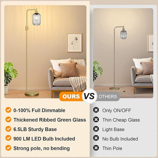 【Upgraded】 Dimmable Glass Floor Lamp for Living Room, Modern Gold Standing Lamp with Gray Ribbed Glass Lampshade & Knob Dimmer, Arc Tall Lamp for Bedroom Office Reading Room, 2700K Led Bulb Included