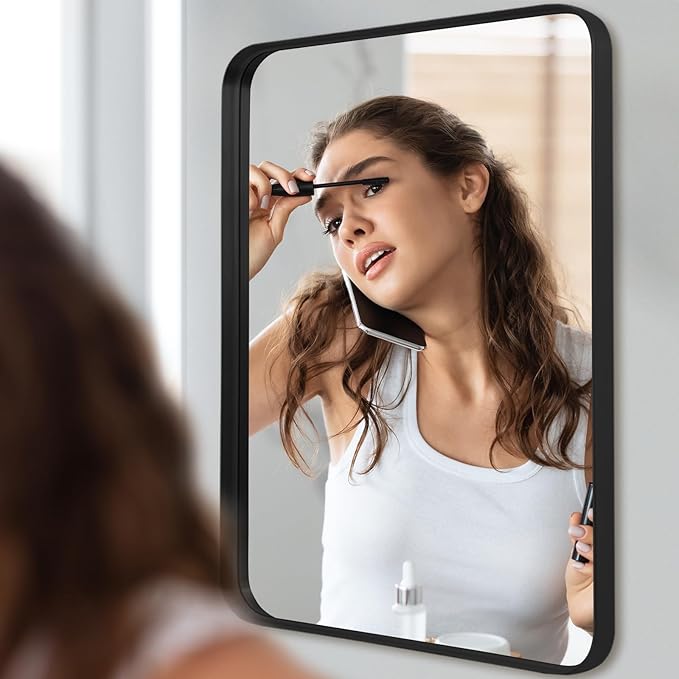 Anpark Wall Mirror 22" x 30" for Bathroom Black Metal Deep Frame Mirror for Wall Decorative Rectangular Round Corner Wall Mounted Vanity Mirror for Bedroom Entryway Living Room Wall Decor