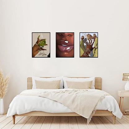 NOSUO Black Wall Art African Woman Canvas Wall Decor Unframed American Black Women Wall Art Black Female Print Pictures Fashion Abstract Poster for Home Bedroom Bathroom 16x24 Inch Set of 3
