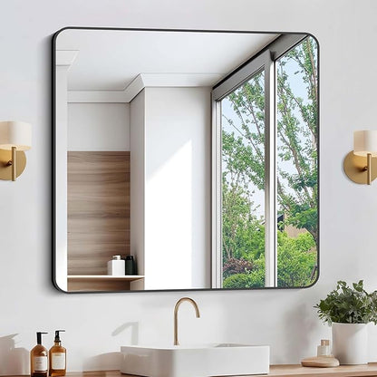 Bathroom Mirror, 36"x36" Black Square Wall Mirror, Metal Frame Rounded Corner Vanity Mirror, Large Wall Mounted Mirror for Modern Bedroom Living Room Horizontal Or Vertical Mounting