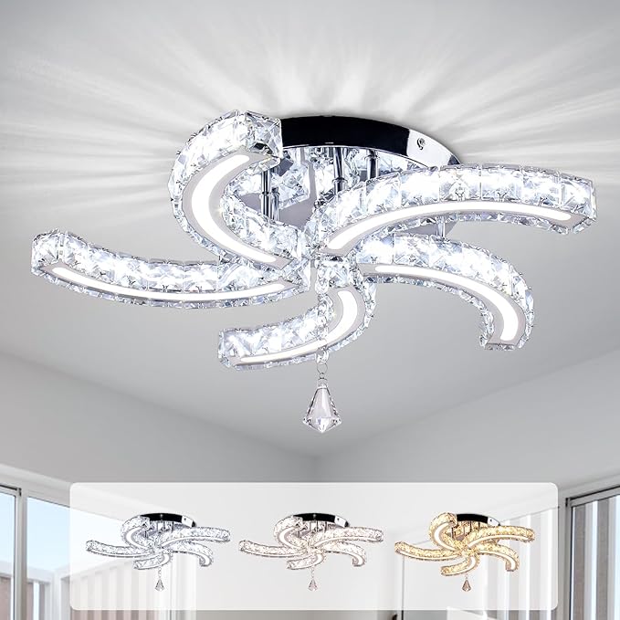 Crystal Chandelier 19.7” Crystal Ceiling Light Acrylic Modern Chandeliers 5 Arms Led Flush Mount Ceiling Light Fixture Lamp for Dining Room Living Room Bedroom Hallway (Multicolor)