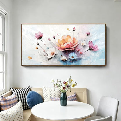 Large Framed Modern Canvas Wall Art, Abstract Natural Plant Print, Pink, Orange And Blue Textured Floral Artwork, Natural Wood Frame, Plant-Themed Wall Decoration, Suitable For Living Room, Bedroom, Dining Room, Study, Office, 48X24 Inches.