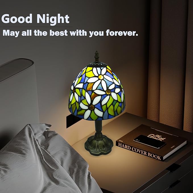 Tiffany Style Table Lamp, 3 Color Temperatures Bedside Lamp, 8 Inch Stained Glass Desk Light for Home Office Bedroom Living Room (White Petal Pattern)