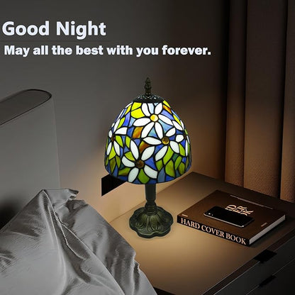 Tiffany Style Table Lamp, 3 Color Temperatures Bedside Lamp, 8 Inch Stained Glass Desk Light for Home Office Bedroom Living Room (White Petal Pattern)