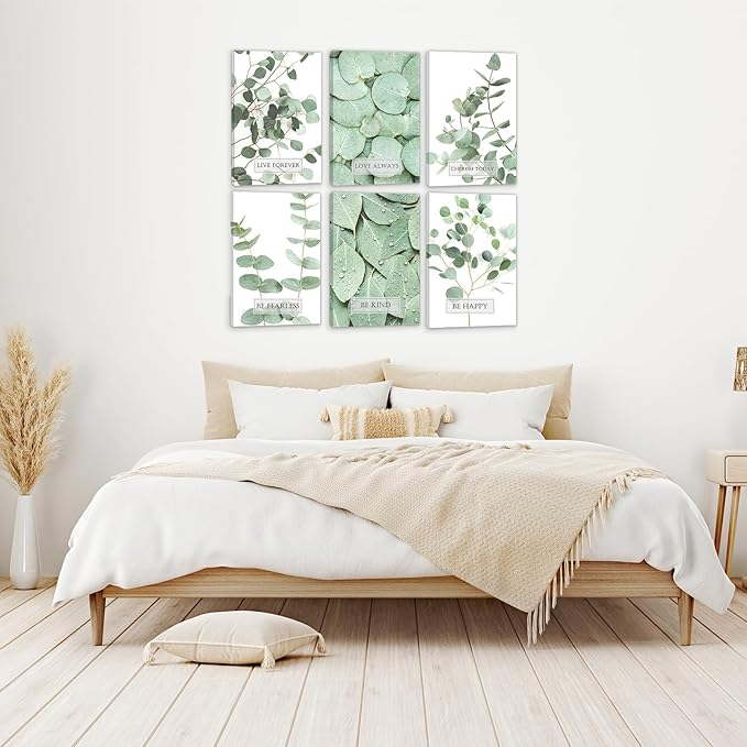 HoozGee Framed Inspirational Botanical Built-in Wooden Frame Canvas Wall Art Prints Tropical Leaves Wall Decor Motivational Sage Green Leaf Posters Room Decor (16"x24" FRAMED)