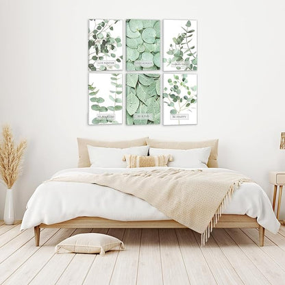 HoozGee Framed Inspirational Botanical Built-in Wooden Frame Canvas Wall Art Prints Tropical Leaves Wall Decor Motivational Sage Green Leaf Posters Room Decor (12"x16" FRAMED)