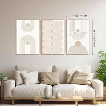 SAFERRYHOME Boho Abstract Wall Art Set of 3, Mid Century Neutral Framed Canvas Print Beige Modern Wall Decor, Geometric Line Artwork for Living Room Bedroom Office,Ready to Hang, 16"x24"