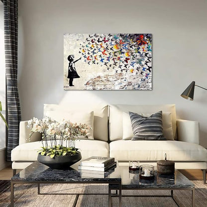 Colorful Graffiti Street Canvas Wall Art Funny Butterfly Banksy Street Art Mural Pop Art Modern Home Office Wall Decor Framed Canvas Wall Art Decor for Study Room Walls Easy to Hang - 28x44inch