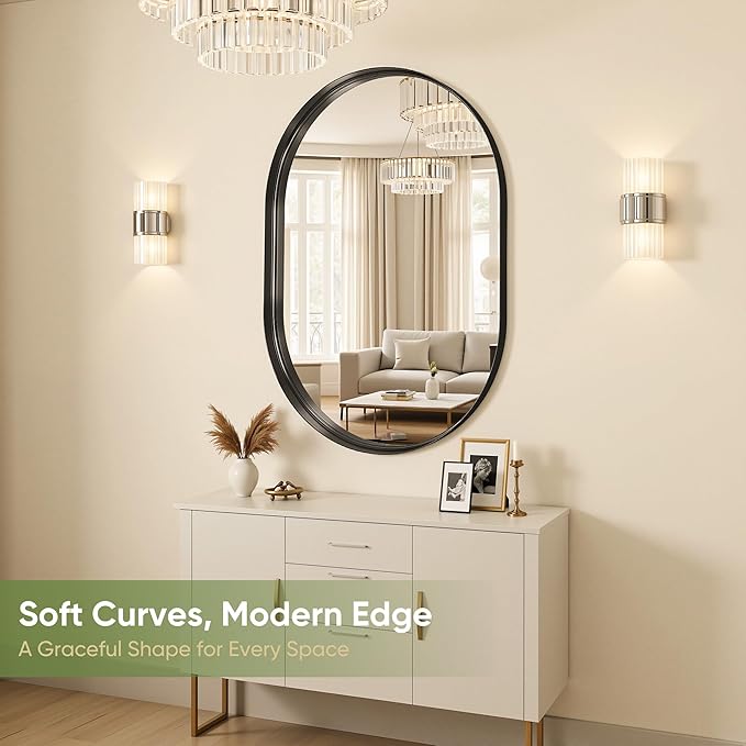 Oval Bathroom Mirror, 24x36 Inch Black Oval Wall Mirror with Metal Deep Frame, Mirrors for Wall Decor, Vanity, Entryway, Living Room, Horizontally/Vertically