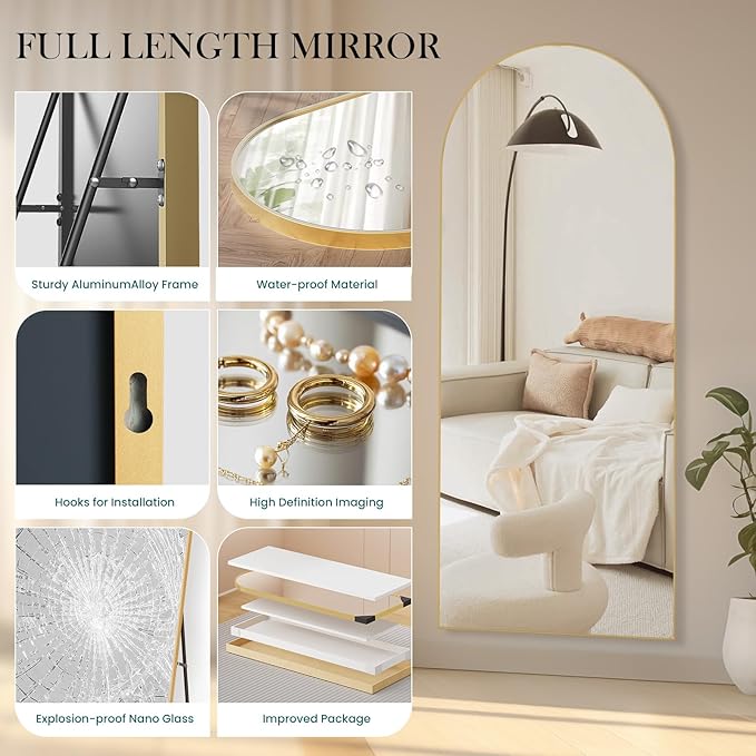 NEWBULIG Arched Mirror Full Length, 71"x26" Body Wall Mirrors with Shatter-Proof Glass, Upgraded Floor Standing Mirror, Hanging or Leaning, with Stand Aluminum Alloy Frame for Home Decor, Gold