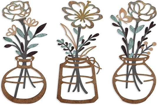 ARTINME 3 Pieces Metal Flowers Wall Arts - Rustic Farmhouse Decor Minimalist Flower Wall Decors for Living Room Bathroom Kitchen Bedroom Dining Room - Housewarming Gifts (Brown)