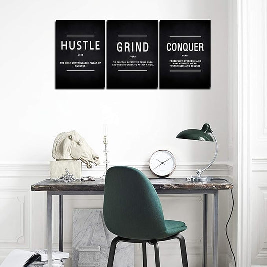 KAWAHONE Grind Hustle Conquer Wall Art, Success Canvas Painting Wall Decor Motivation Poster Framed Inspiration Quotes Picture Positive Wall Hanging for Home Office Workplace -16" Wx 24" Hx 3 PCS