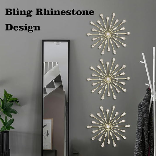 ZEXUIRU 3 Pack Gold Sunburst Wall Decor – Metal Crystal Wall Art with Sparkling Rhinestones, 14’’/18 Inch Starburst Wall Hanging Set for Living Room Bedroom Bathroom – Modern Bling Home Decorations