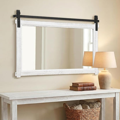 Besdomus Large Bathroom Farmhouse Mirror: 42"x28" White Barn Door Farmhouse Solid Cedar Wood Frame - Rustic Wall Decorative Mirror for Entryway/Living Room/Bathroom Redo - Home Decor for Housewife