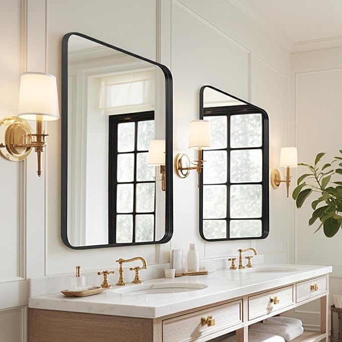 Anpark Wall Mirror 22" x 30" for Bathroom Black Metal Deep Frame Mirror for Wall Decorative Rectangular Round Corner Wall Mounted Vanity Mirror for Bedroom Entryway Living Room Wall Decor