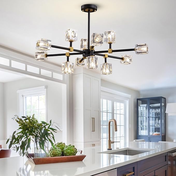 Modern Crystal Chandelier with 12 Lights, Black and Gold Sputnik Chandeliers for Dining Room Modern Sputnik Chandelier Pendant Light fixtures for Living Room,Entryway,Kitchen Island, Bedroom