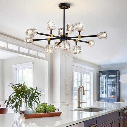 Modern Crystal Chandelier with 12 Lights, Black and Gold Sputnik Chandeliers for Dining Room Modern Sputnik Chandelier Pendant Light fixtures for Living Room,Entryway,Kitchen Island, Bedroom