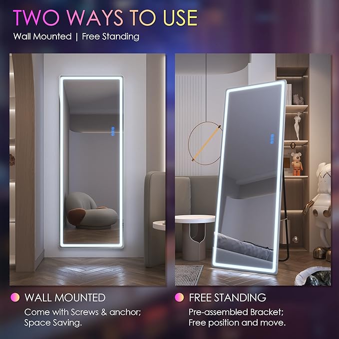LVSOMT 63 X 22 Full Length Mirror with Lights, Large Wall Mirror Full Length, RGB Led Mirror Full Length with Remote Control, Full Body Mirror for Bedroom Living Room Cloakroom, White