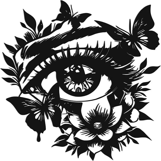 JEWLOVE Eye with Butterfly & Flowers 3D Metal Wall Art - Black Metal Butterfly Wall Decor, Rustic Nature Themed Wall Sculpture for Living Room, Bedroom, 12.4" x 12.4"