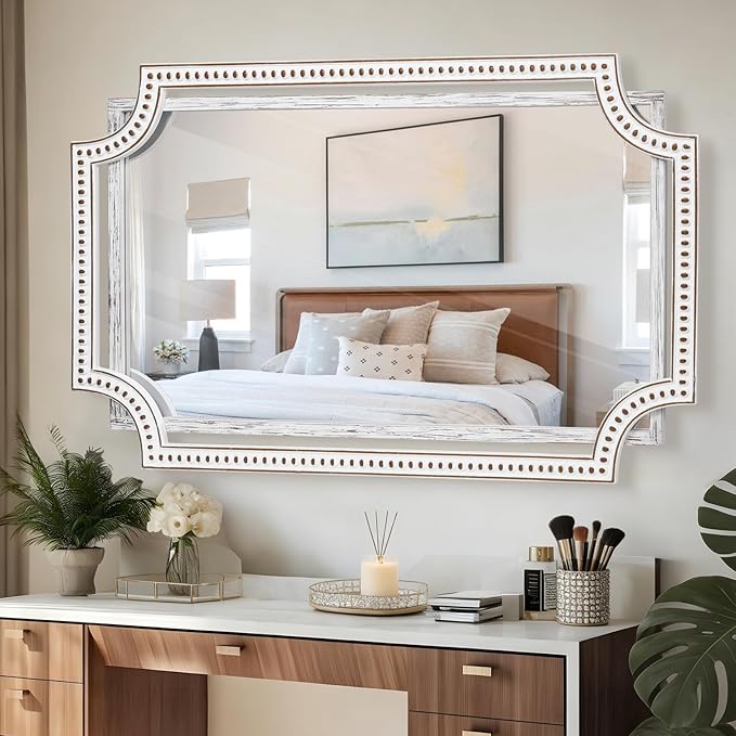 HOITUZYUS 30x40 Inch Rustic Farmhouse Decorative Mirrors for Living Room, Boho Wood Wall Mirror for Bathroom, Entryway & Fireplace Mantel - Horizontal or Vertical Hanging