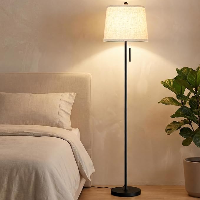 JUNNAI 【Upgraded】 Modern Black Floor Lamp 63in Standing Lamp for Living Room Bedroom Office 3 Way Brightness Dimmable Tall Pole Light with Beige Linen Shade Metal Shade 8W 3000K LED Bulb Included