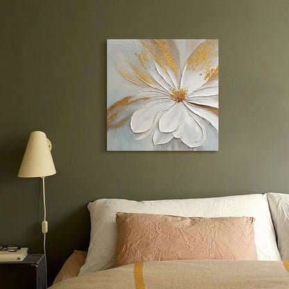 JUHOME Abstract Floral Canvas Wall Art, 24x24 In Hand Painted Original White Flower Oil Painting Textured with Gold Leaf Modern Wall Decor for Living Room Bedroom Office Framed Ready to Hang