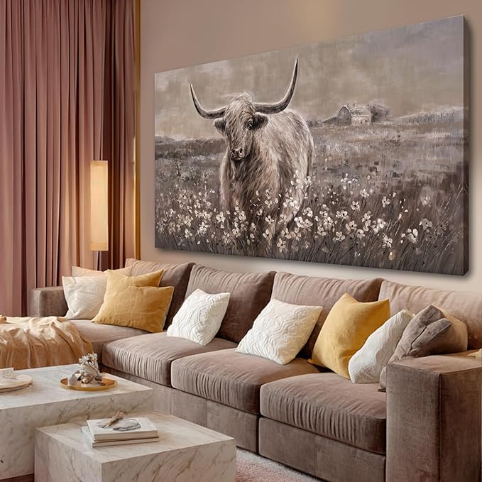 Neutral Beige and Brown Highland Cow Canvas Wall Art - 29x58 Inch Large Framed Painting for Modern Living Room, Rustic Bedroom, Farmhouse Office, Vintage Home Decor
