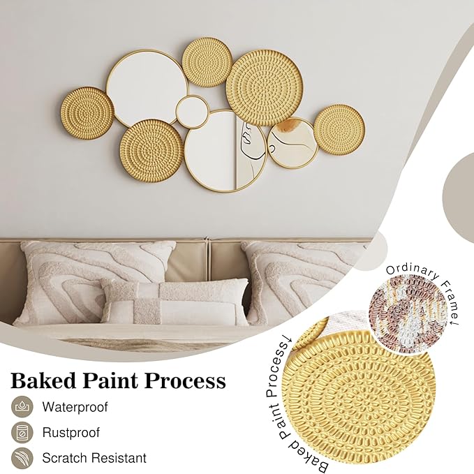 PERHOM Wall Decor Mirror, 45"x23" Gold Wall Art Mirror, Modern Wall Sculptures Mirrors with Gold Metal Frame for Living Room, Entryway, Bedroom, Dinner Room, Fireplace