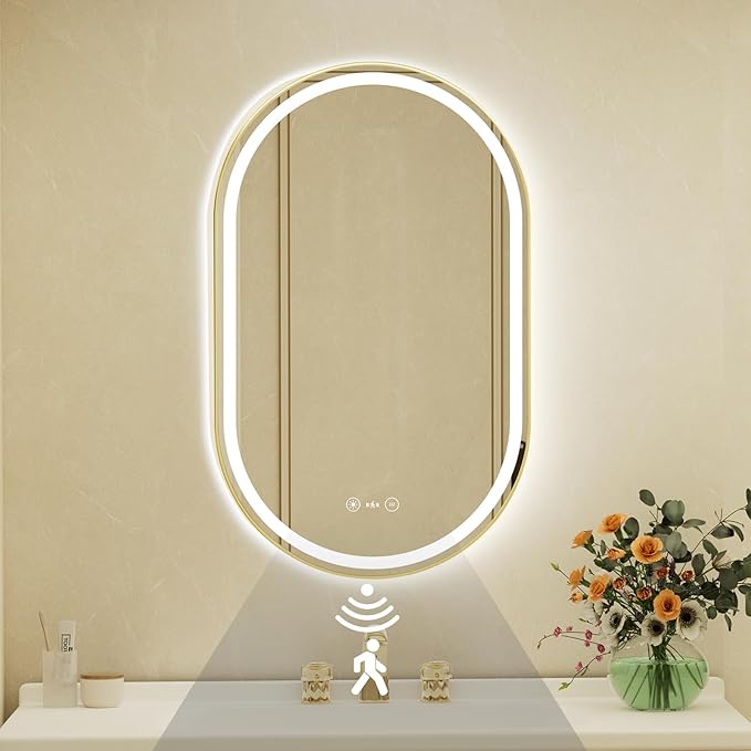 24x40 Inch Oval Gold Framed LED Bathroom Mirror with Lights,Smart Bathroom Mirror,Motion Sensor,Tempered Glass,Anti-Fog,Stepless Dimmable & 3 Colors,Memory,Vanity Mirror for Wall