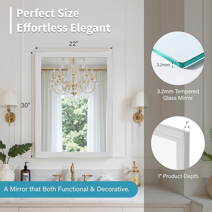 White Grey Wood Effect Framed Wall Mirror, 22x30 Rectangle Mirror, Anti-desilvering Tempered Glass, Sturdy Frame, Farmhouse Mirror, Anti-Rust, 3min Fast Setup for Bathroom Living Room